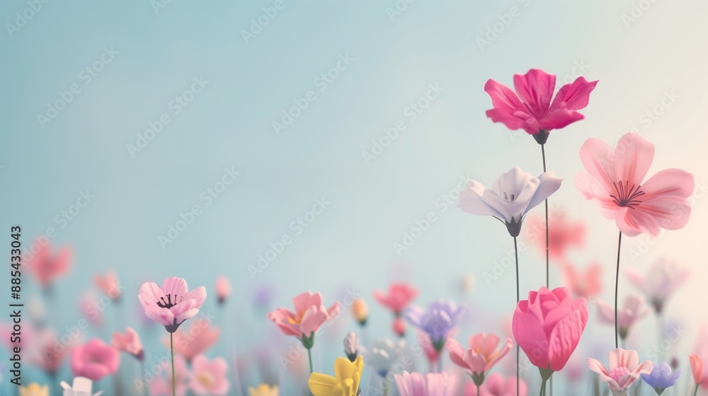 Colorful Spring Meadow with Pastel Blossoms Under Clear Blue Sky, Perfect for Nature Lovers and Seasonal Decor Colorful Spring Meadow with Pastel Blossoms Under Clear Blue Sky, Perfect for Nature Lovers and Seasonal Decor