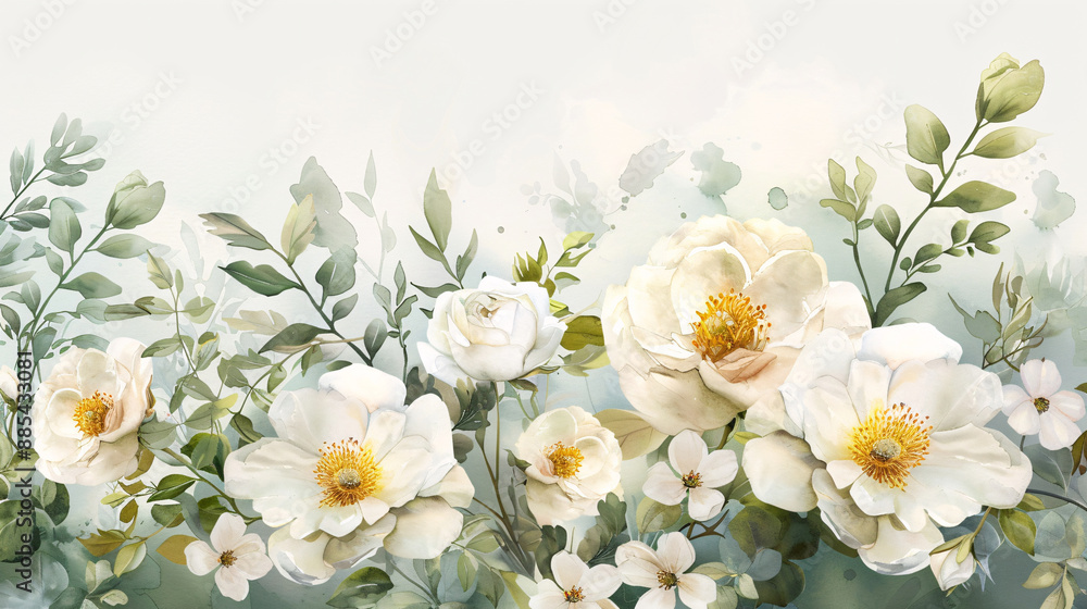 Obraz premium Romantic watercolor bouquet of white flowers for a birthday flyer