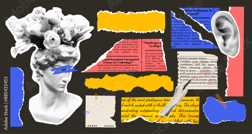 Collage in halftone style. Vector illustration. Old retro newspaper. Set of torn pieces paper. Learn and explore. Elements in modern trendy design. Y2k. Retro. Ear . Notebook. Sheet. Greek. Funky