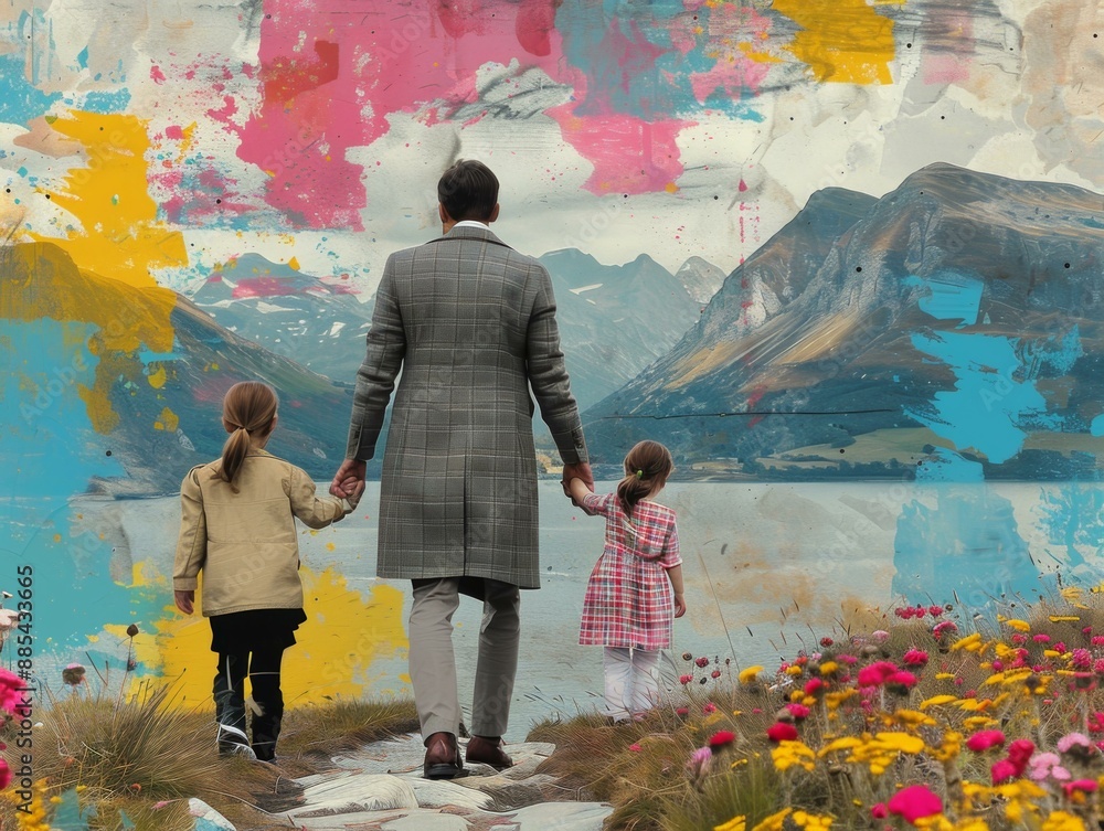 Obraz premium Family Walk in Mountainous Terrain, Artistic Poster Illustration