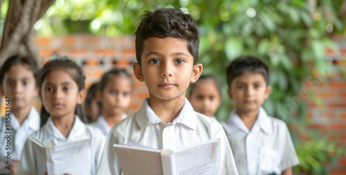 Children in school uniforms reading textbooks on International Literacy Day, emphasizing education and future prospects.