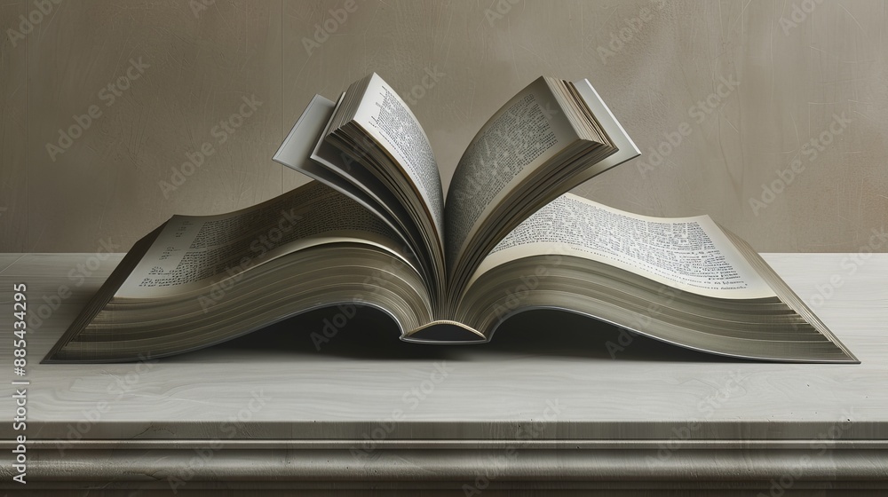 Fototapeta premium A weathered, open book with pages fanned out, lying on a simple, light-colored surface. The book appears old and well-loved, suggesting stories and knowledge within.