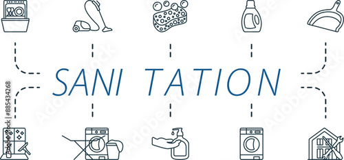 Sanitation outline icons set. Creative icons: dishwasher, vacuum, sponge, detergent, dustpan, glass cleaning, laundry, hand soap, washing machine, home maintenance.