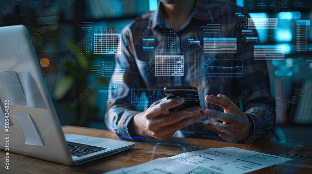 Invoice and online digital statements concept. Businessman using smartphone with invoice icons on virtual screen Invoice and online digital statements concept. Businessman using smartphone with invoice icons on virtual screen