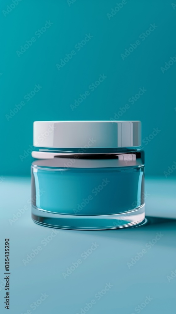 A blue jar with a white lid sits on a blue background A blue jar with a white lid sits on a blue background