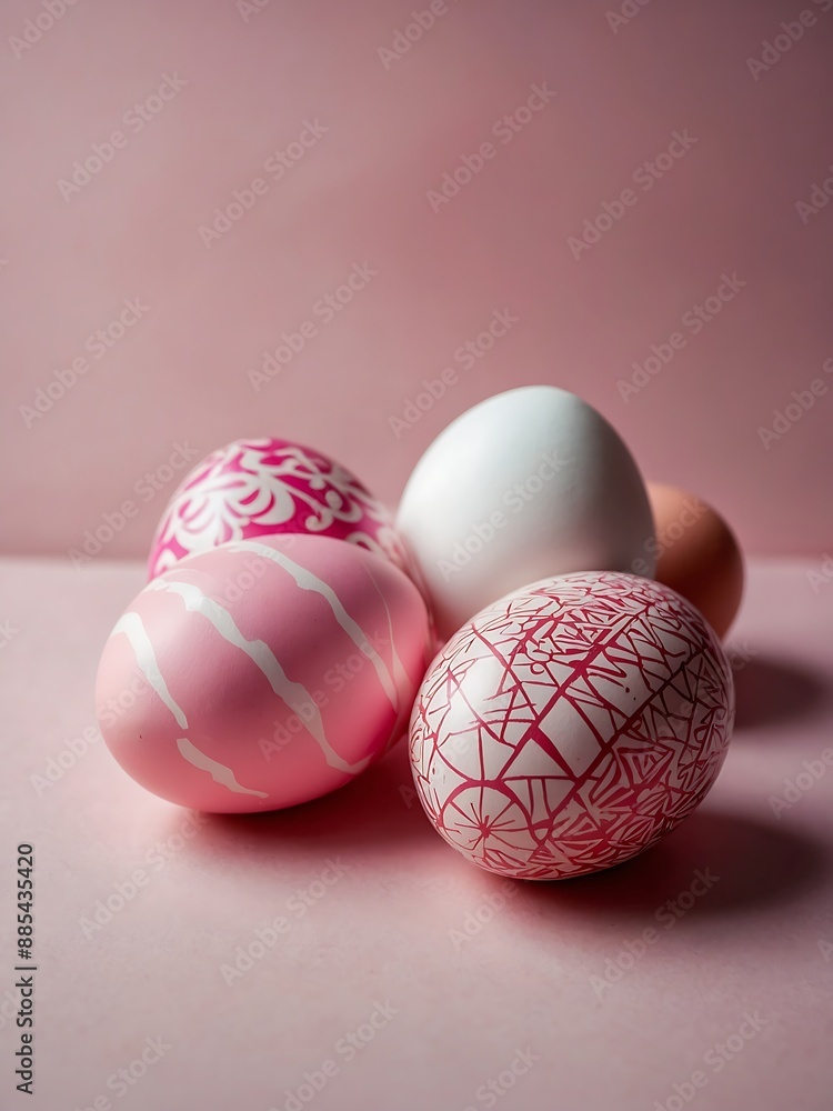 Pink background with patterned pink and white Easter eggs Pink background with patterned pink and white Easter eggs