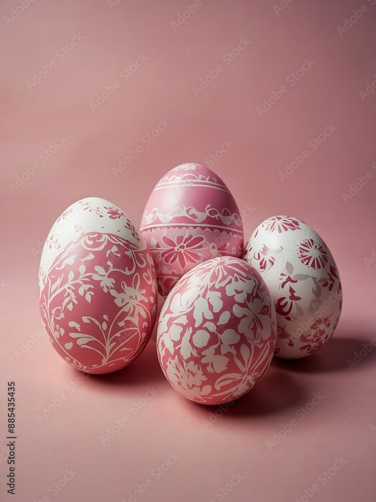Pink background with patterned pink and white Easter eggs Pink background with patterned pink and white Easter eggs