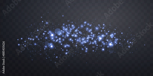 Blue glittering dots, particles, stars, magic sparks with smoke. Glow flare light effect. Blue luminous points in fog. Vector particles on transparent background.