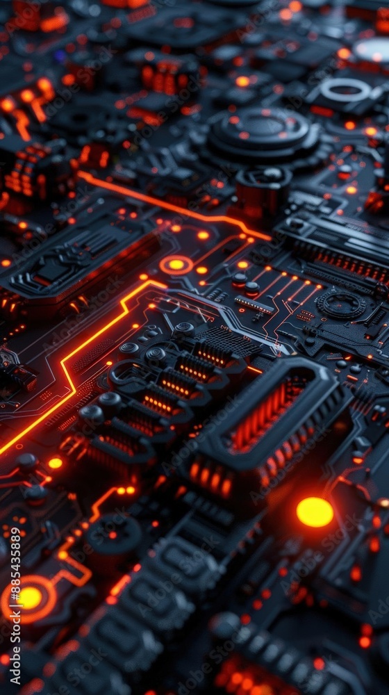 Capture a close-up shot of futuristic technologies in a dark