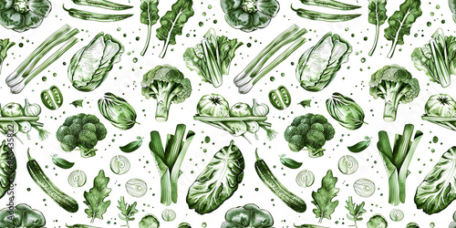 Healthy eating with various of green vegetables in water color drawing with seamless pattern flat lay design.white background texture
