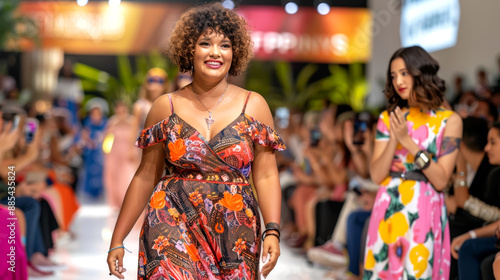 Plus-size model confidently walking down the fashion runway in style