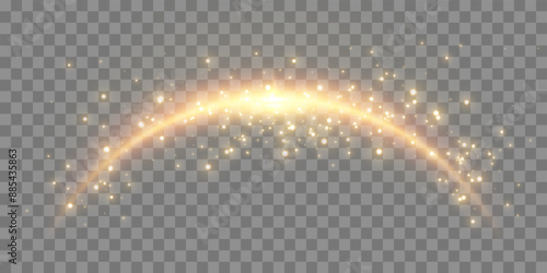 Orange magic arch with glowing particles, sunlight lens flare. Neon realistic energy flare arch.    
Abstract light effect on a transparent background. Vector illustration.