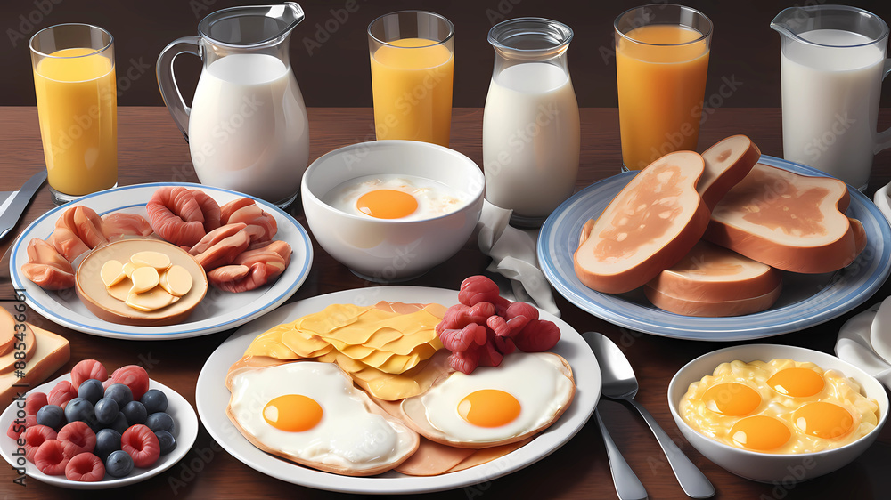 A realistic 4HD image that shows various typical breakfast supplies A realistic 4HD image that shows various typical breakfast supplies
