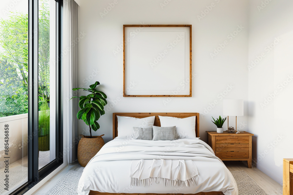 Modern bedroom with wooden furniture, white bedding, large window, potted plant, and a blank picture frame on the wall Modern bedroom with wooden furniture, white bedding, large window, potted plant, and a blank picture frame on the wall