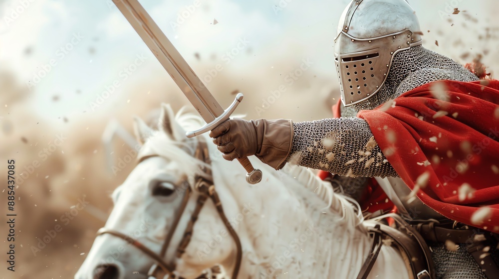 Medieval knight in full armor, riding white horse into battle, wielding ...