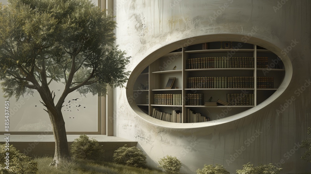 Fototapeta premium An oval window reveals a bookshelf filled with books in a building with a tree in the foreground.