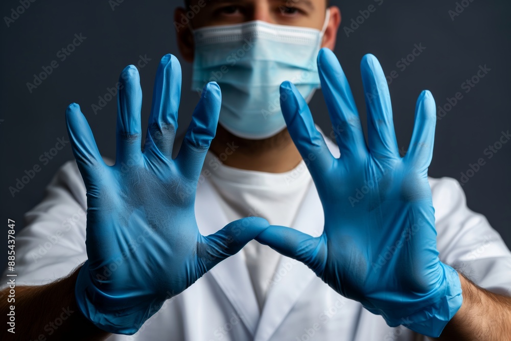 A man wearing a white lab coat and blue gloves is wearing a mask. He is holding his hands up, possibly to indicate that he is wearing gloves and a mask to protect himself A man wearing a white lab coat and blue gloves is wearing a mask. He is holding his hands up, possibly to indicate that he is wearing gloves and a mask to protect himself
