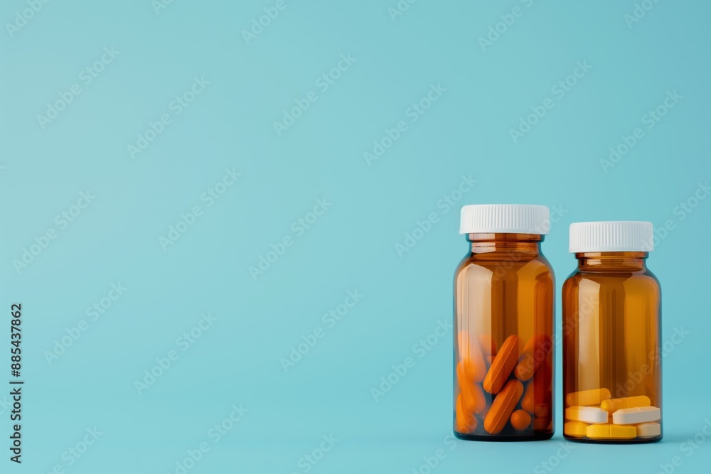 Two bottles of pills are on a blue background. The pills are in different colors and are arranged in a way that they look like they are ready to be taken. Concept of health and wellness Two bottles of pills are on a blue background. The pills are in different colors and are arranged in a way that they look like they are ready to be taken. Concept of health and wellness