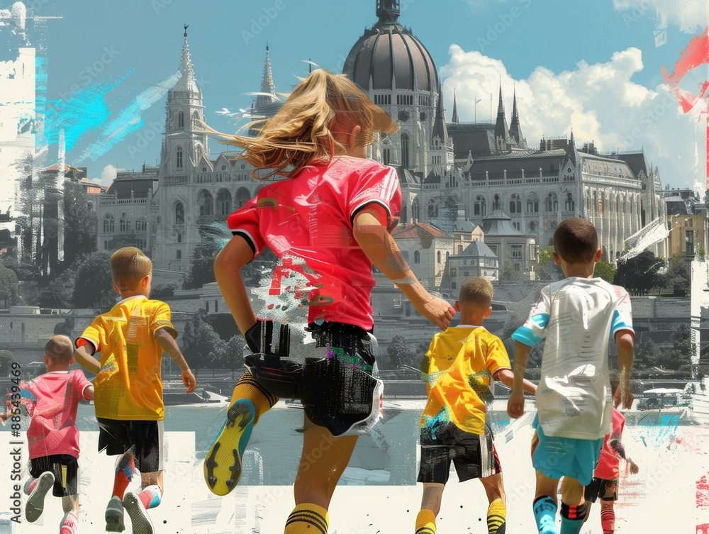 Obraz premium Children's Soccer Match in a City Park