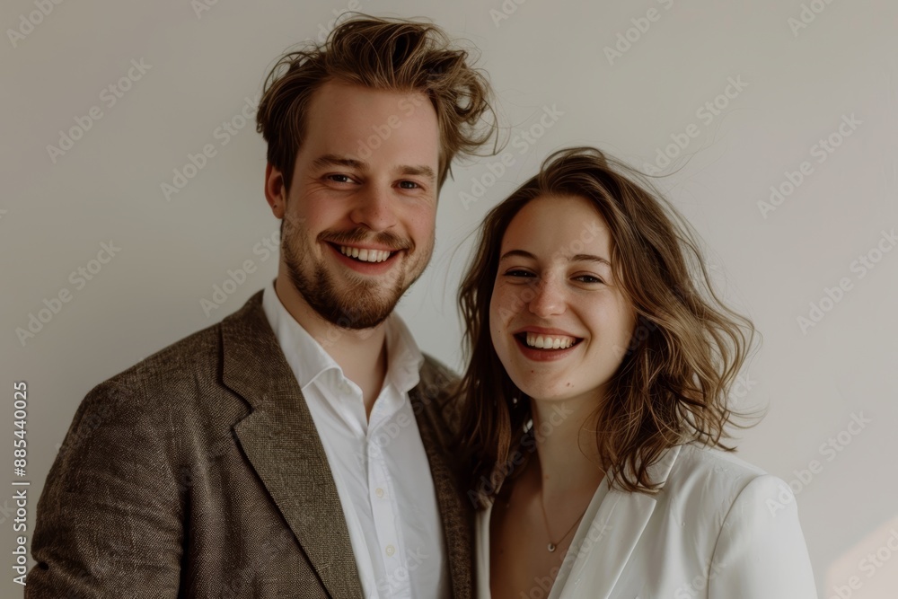 Portrait of a smiling couple in their 20s dressed in a stylish blazer in minimalist or empty room background Portrait of a smiling couple in their 20s dressed in a stylish blazer in minimalist or empty room background