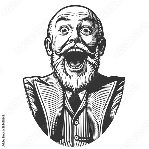 Happy surprised ecstatic elderly man with glasses, a wide smile, joy and surprise sketch engraving generative ai fictional character vector illustration. Scratch board imitation. Black and white image