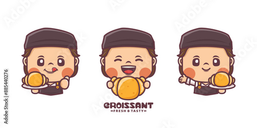 croissant logo mascot, cartoon illustration with different poses and expressions