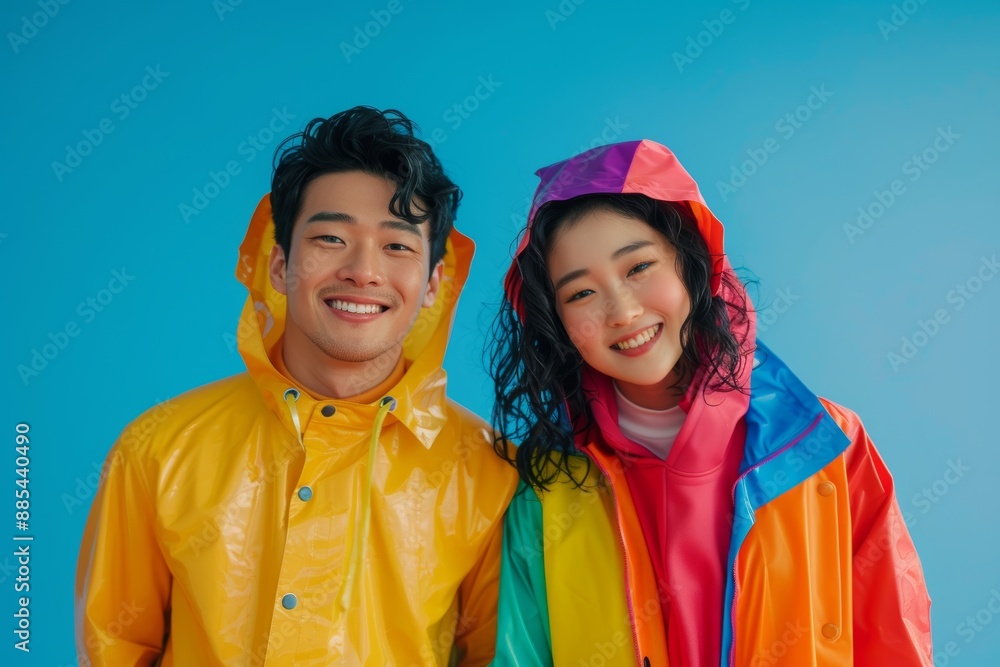 Portrait of a content asian couple in their 20s wearing a vibrant raincoat on minimalist or empty room background Portrait of a content asian couple in their 20s wearing a vibrant raincoat on minimalist or empty room background