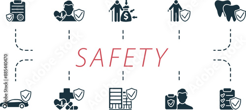 Safety icons set. Creative icons: insurance policy, life insurance, retirement planning, pension insurance, dental insurance and more