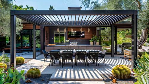 Eine Pergola in Landschaft von Kalifornien. Outdoor Essbereich.  photo