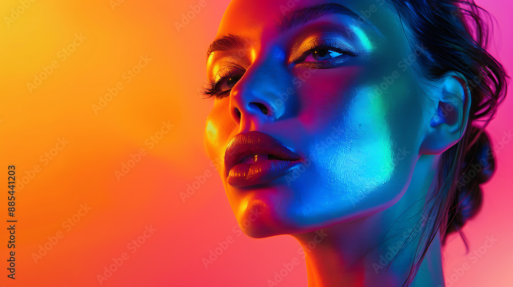 Portrait of a woman in bold neon fluorescent tones, illuminated with dramatic lighting and dynamic composition, offering a stylish background with copy text space Portrait of a woman in bold neon fluorescent tones, illuminated with dramatic lighting and dynamic composition, offering a stylish background with copy text space