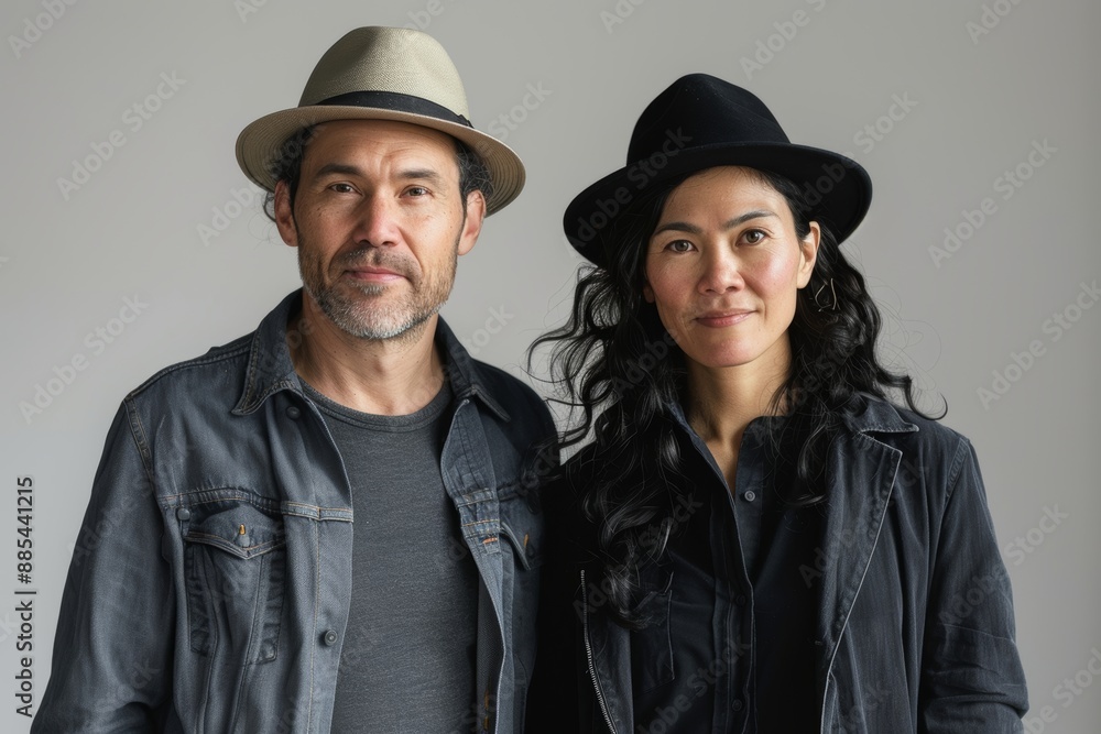 Portrait of a content multicultural couple in their 30s donning a classic fedora in front of minimalist or empty room background Portrait of a content multicultural couple in their 30s donning a classic fedora in front of minimalist or empty room background