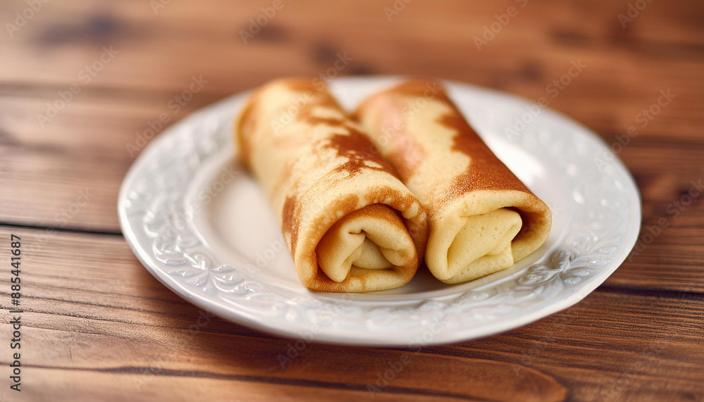 Delicious rolled pancakes filled with creamy goodness on plate on wooden table. Tasty food Delicious rolled pancakes filled with creamy goodness on plate on wooden table. Tasty food