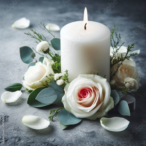 White candle with a rose and flower petals on grey stone panoramic background with copy space, funeral services web banner,