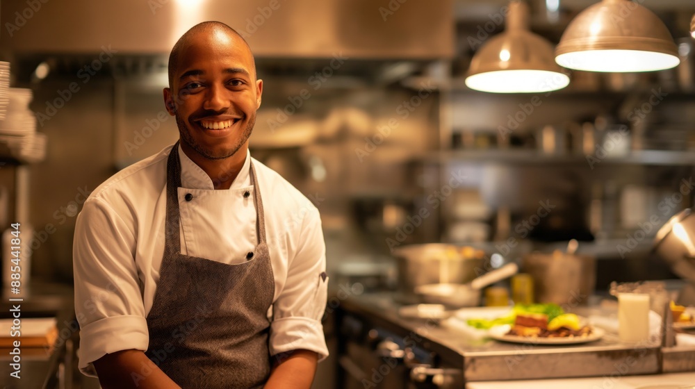 Chef in apron standing confidently in a professional kitchen. Chef in apron standing confidently in a professional kitchen.