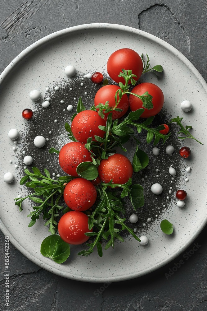 Artistic food presentation of cherry tomatoes with greens on a textured plate Artistic food presentation of cherry tomatoes with greens on a textured plate