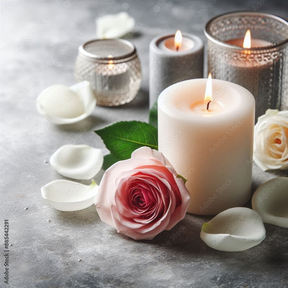 White candle with a rose and flower petals on grey stone panoramic background with copy space, funeral services web banner, White candle with a rose and flower petals on grey stone panoramic background with copy space, funeral services web banner,