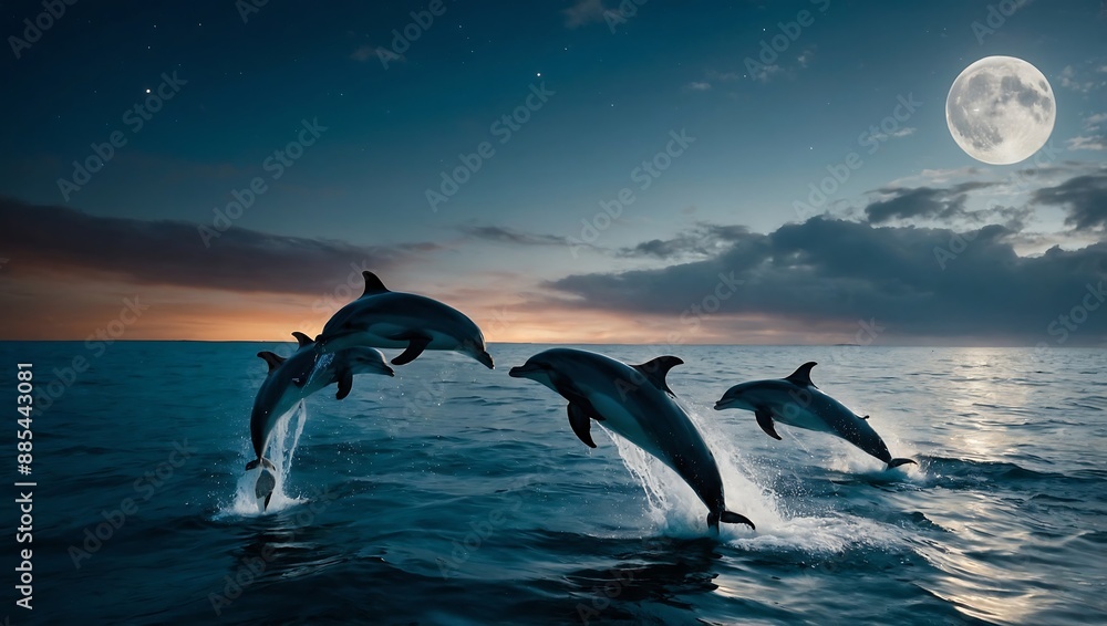 Pod of dolphins leaping in moonlit se Pod of dolphins leaping in moonlit se