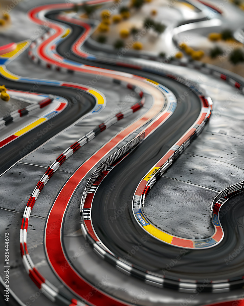 3D rendering of an electric slot car track. A high-angle view with close-up red and yellow stripes on a grey metal ground, shown in high detail with sharp focus and high resolution. 3D rendering of an electric slot car track. A high-angle view with close-up red and yellow stripes on a grey metal ground, shown in high detail with sharp focus and high resolution.