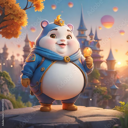 Fantasy Bear Detective at Dusk with Magical Lanterns in an Enchanting Autumn Setting photo