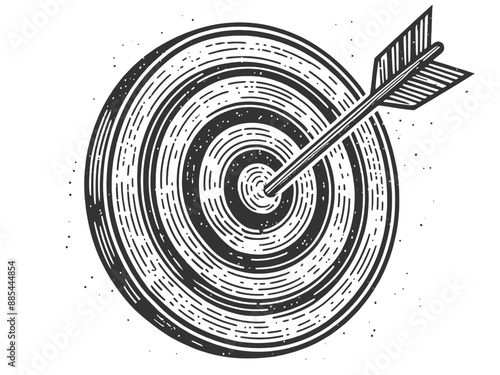 arrow hitting the bullseye on a target, symbolizing precision and accuracy sketch engraving generative ai vector illustration. Scratch board imitation. Black and white image.
