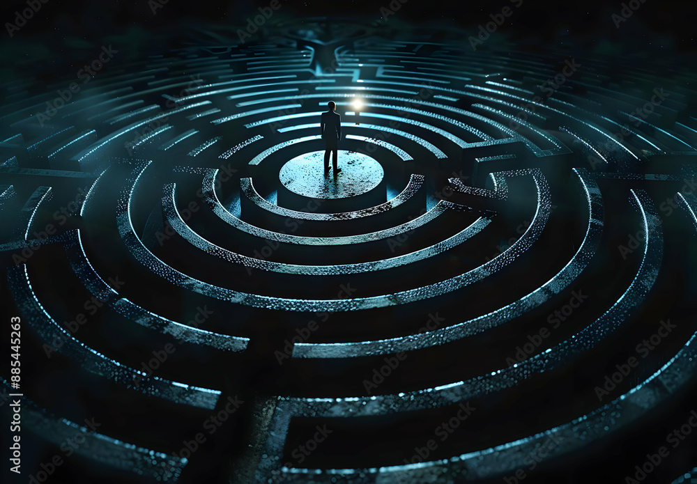A person stands in the center of a dark, illuminated labyrinth at night, symbolizing mystery, challenge, and exploration. A person stands in the center of a dark, illuminated labyrinth at night, symbolizing mystery, challenge, and exploration.