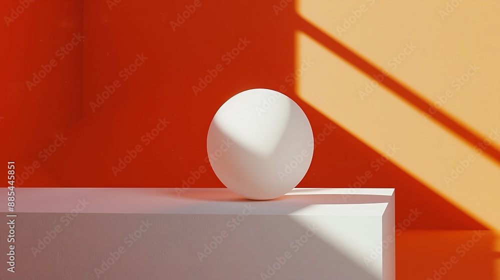 Minimalist product display with white sphere, orange and white background. Minimalist product display with white sphere, orange and white background.