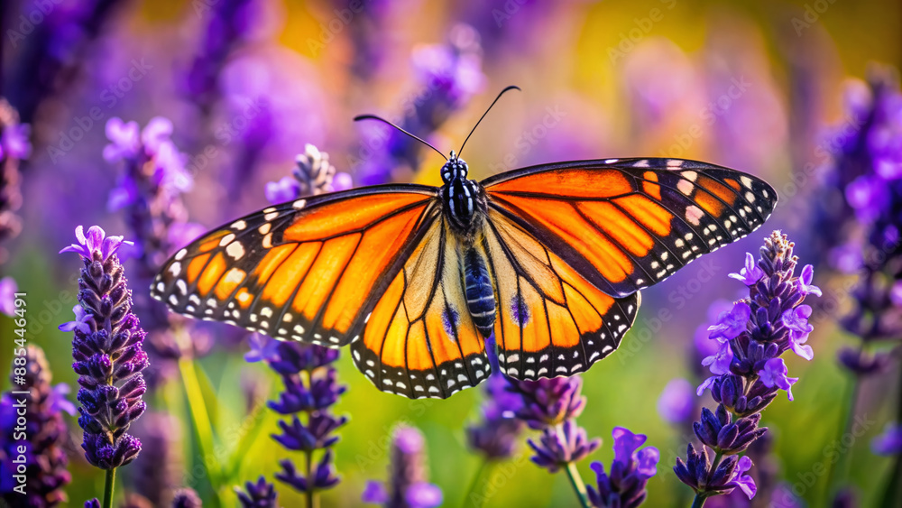 Obraz premium Delicate monarch butterfly with orange and black wings rests on a vibrant purple lavender flower, surrounded by lush green foliage and soft focus background.