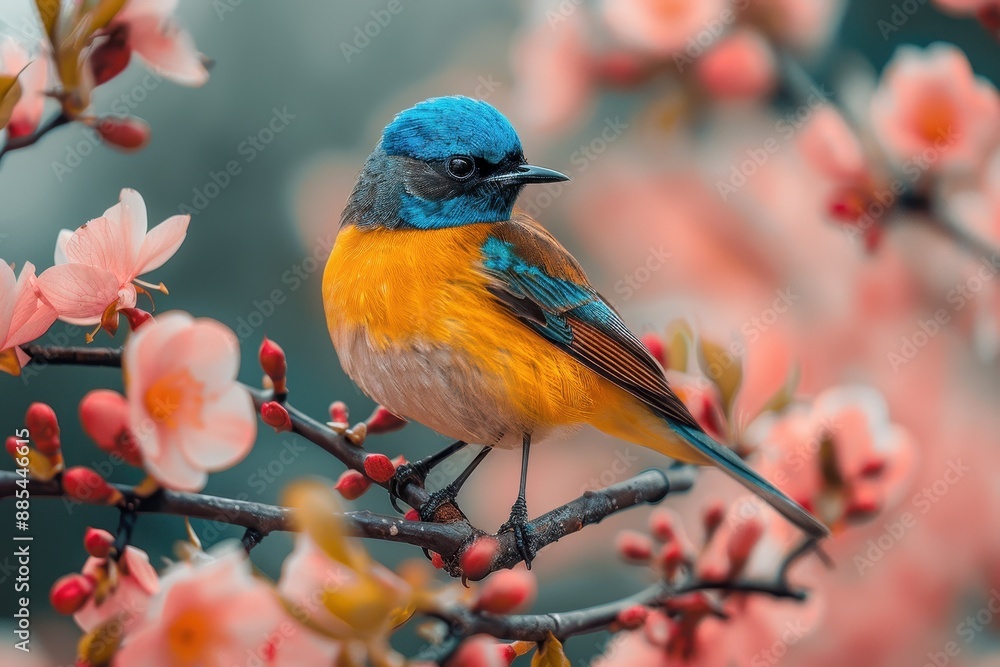 Beautiful Colorful Bird with Blue, Green, and Brown Plumage Perched on Exotic Tree Branch, Spring Flowers in Bloom, High Resolution Nature Photography, Full Body Portrait with Professional Color Gradi Beautiful Colorful Bird with Blue, Green, and Brown Plumage Perched on Exotic Tree Branch, Spring Flowers in Bloom, High Resolution Nature Photography, Full Body Portrait with Professional Color Gradi
