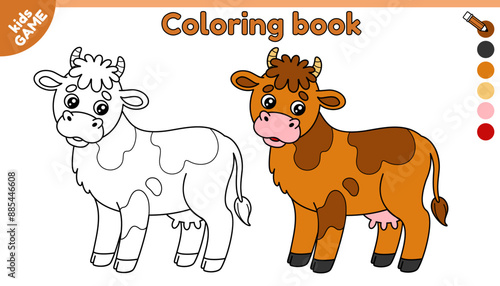 Page of kids coloring book with farm cow. Color the outline cartoon farm animal. Educational activity book for kindergarten and school children. Vector contour baby illustration.