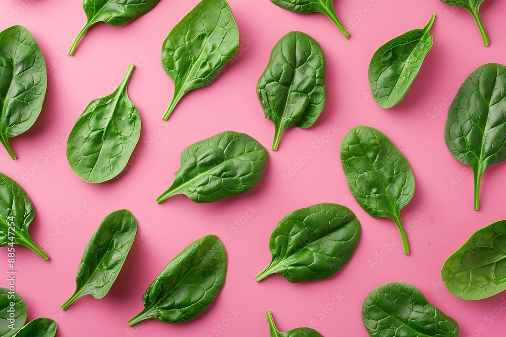 Spinach leaf on colored background. Spinach pattern, flatley, top view. Fresh juicy green healthy spinach leaves on pink backdrop. Arranged fresh natural food, design elements. Lots of greenery. Spinach leaf on colored background. Spinach pattern, flatley, top view. Fresh juicy green healthy spinach leaves on pink backdrop. Arranged fresh natural food, design elements. Lots of greenery.