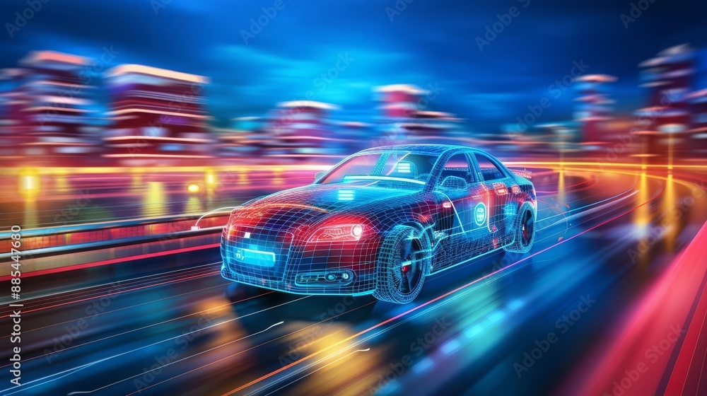 Automotive Engineer Car Wireframe Self-driving car with digital displays showing navigation and diagnostics Automotive Engineer Car Wireframe Self-driving car with digital displays showing navigation and diagnostics