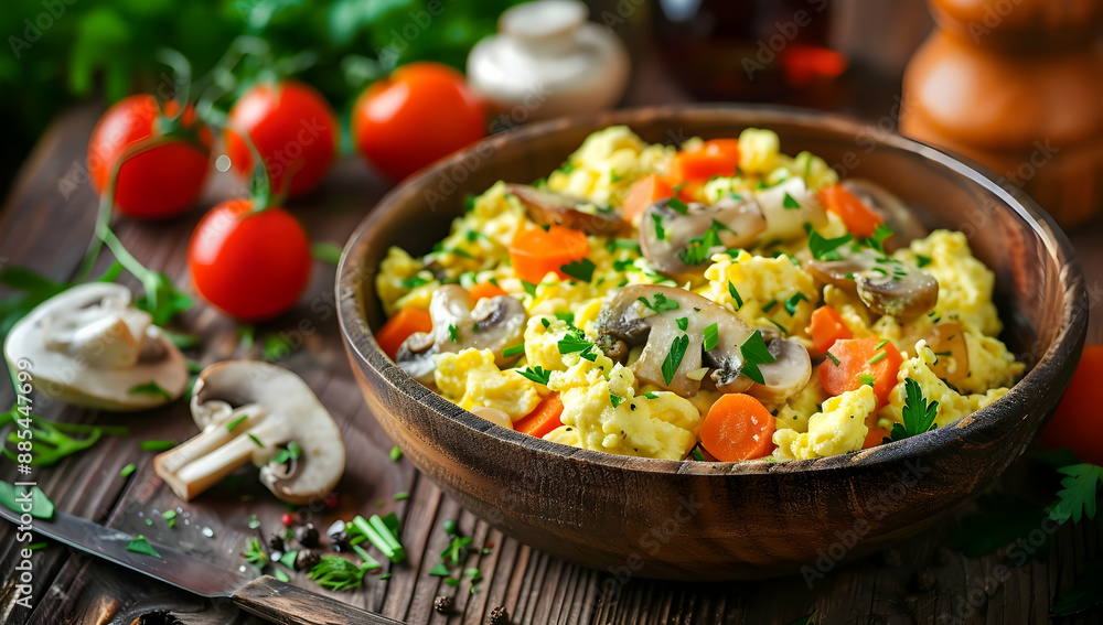 Delicious scrambled eggs with vegetables including mushrooms, tomatoes, and herbs served in a wooden bowl on a rustic wooden table. Delicious scrambled eggs with vegetables including mushrooms, tomatoes, and herbs served in a wooden bowl on a rustic wooden table.