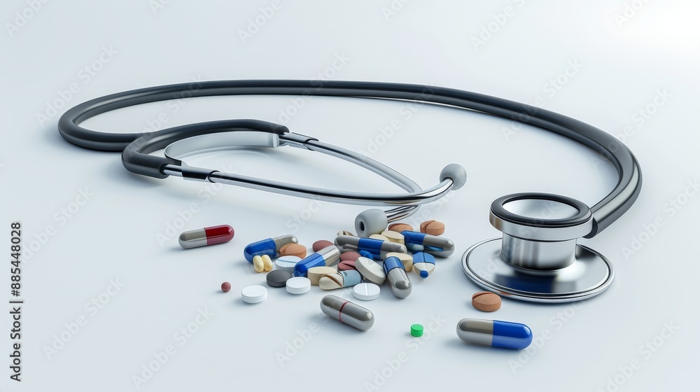 Medical Essentials Vibrant Capsules and Stethoscope on Pure White Background Medical Essentials Vibrant Capsules and Stethoscope on Pure White Background