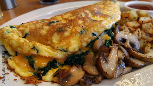 Omelette filled with sauteed mushrooms, spinach, and melted cheese, served with hash browns.